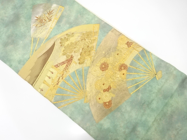 JAPANESE KIMONO / ANTIQUE FUKURO OBI / SILK / WOVEN FOLDING FAN PATTERN
